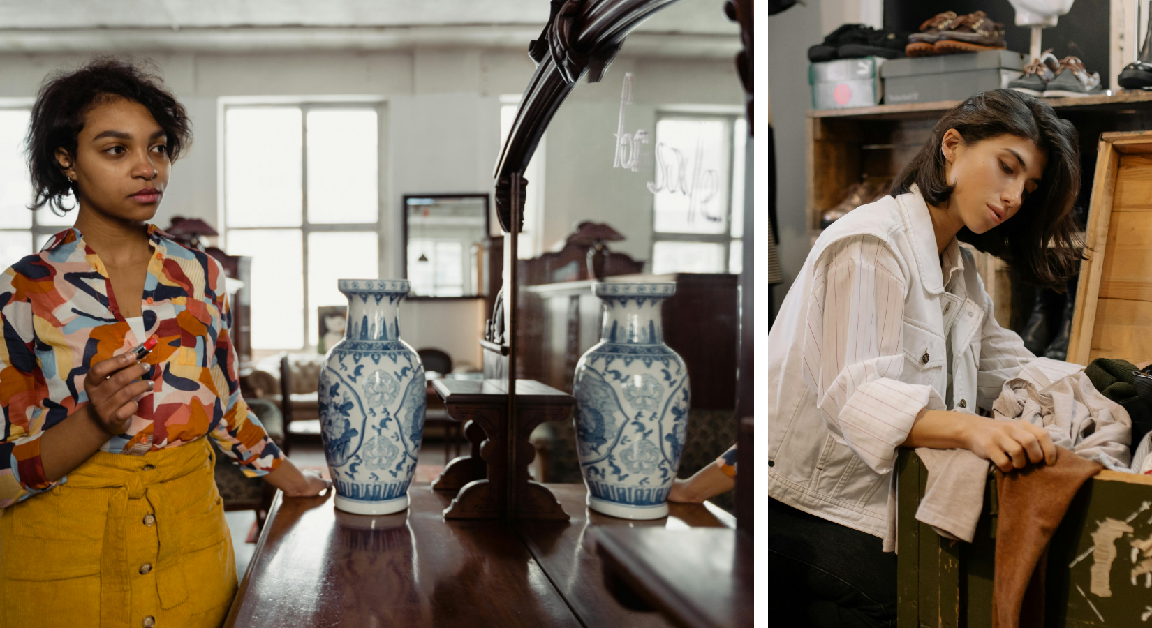 Collage of two women shopping; one for antique furniture and the other for thrift store clothes